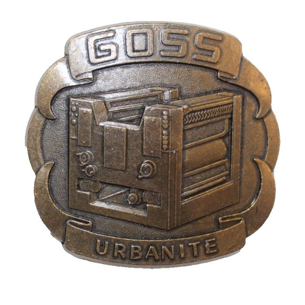Vintage Goss Urbanite Printing Press Promotional Brass Belt Buckle